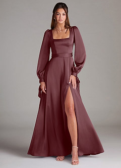 Azazie Leonia Robes de demoiselle d'honneur Robe Trapèze en Satin extensible Manche longue Sangria image1