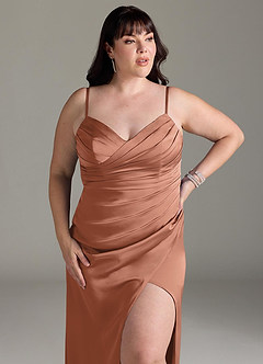 Azazie Yola Bridesmaid Dresses Bronzer Sheath V-Neck Pleated Stretch Satin Convertible Dress image14