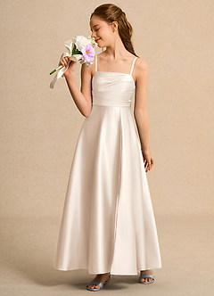 Azazie Pebbles Girls Formal Flower Girl Dresses White Alabaster A-Line Pleated Matte Satin Dress image4