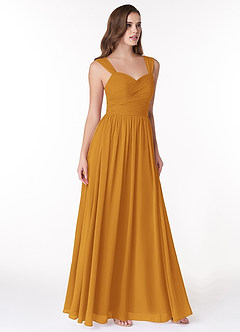 Azazie Zapheira Abiti da Damigella Abito A-Line in Chiffon Increspato Caramello image4