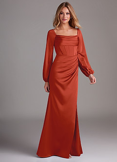 Azazie Charissa Bridesmaid Dresses Rust Sheath Long Sleeve Stretch Satin Dress image6