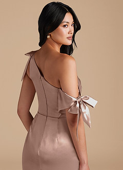 Azazie Xyla Bridesmaid Dresses Taupe Sheath Off the Shoulder Metallic Satin Convertible Dress image3