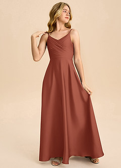 Azazie Bug Junior Robe Trapèze en Satin extensible Plissée Auburn image4