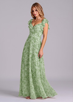 Azazie Leilani Vestidos de damas de honor Vestido de Floral Helecho Verde de Gasa de Corte en A con Plisado image4