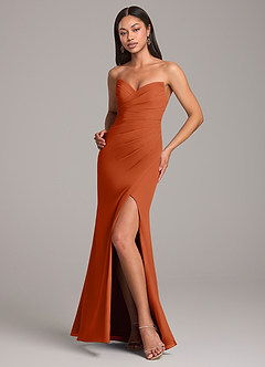 Azazie Yola Bridesmaid Dresses Burnt Orange Sheath Pleated Chiffon Convertible Dress image4