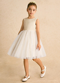 Azazie Esme Flower Girl Dresses Champagne Ball-Gown Bow Tulle Dress image5