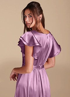 Azazie Daphne Modest Bridesmaid Dresses A-Line Ruched Metallic Satin Floor-Length Dress image6