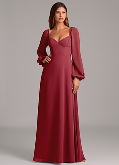Azazie Annistyn Bridesmaid Dresses Pomegranate A-Line Long Sleeve Chiffon Dress image3