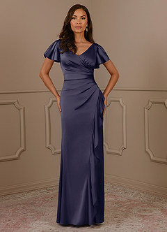 Azazie Roya Mother of the Bride Dresses Stormy Mermaid V-Neck Pleated Stretch Satin Dress image2