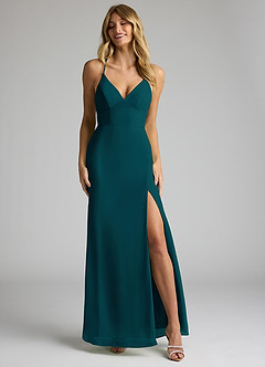 Azazie Becca Bridesmaid Dresses Pine Sheath V-Neck Chiffon Dress image4