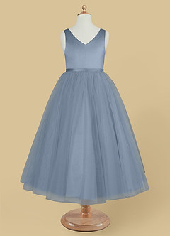 Azazie Marybell Flower Girl Dresses Dusty Blue A-Line Bow Tulle Dress image5