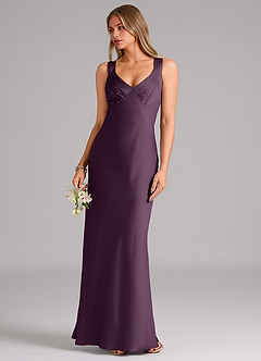 Azazie Kamila Bridesmaid Dresses Plum A-Line Pleated Stretch Satin Dress image5