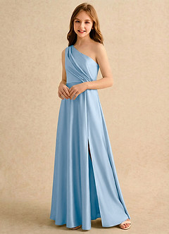 Azazie Puddles Girls Formal Robe Demoiselle D'honneur Fillette Robe Trapèze en Satin extensible Une épaule Poudre Bleue image4
