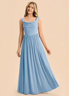 Azazie Novi Junior A-Linie Plissee Stretch-Satin Kleid Puderblau image3