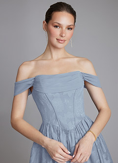 Azazie Raisa At-home Try On Dresses Dusty Blue A-Line Off the Shoulder Floral Burnout Dress image4