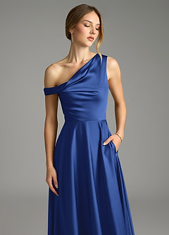Azazie Xanthe Bridesmaid Dresses Royal Blue A-Line Off the Shoulder Stretch Satin Dress image5