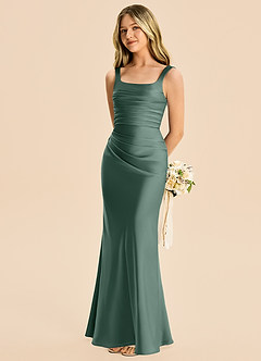Azazie Agustina Junior Eucalyptus Sheath Pleated Stretch Satin Dress image1