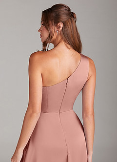 Azazie Brooke Bridesmaid Dresses Rosette A-Line One Shoulder Stretch Satin Dress image2