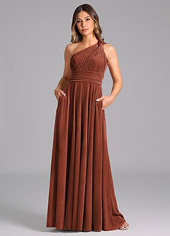Azazie Charlize Bridesmaid Dresses Terracotta A-Line One Shoulder Velvet Dress image3
