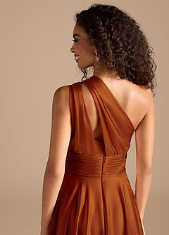 Azazie Charlize At-home Try On Dresses Auburn A-Line One Shoulder Metallic Satin Dress image3