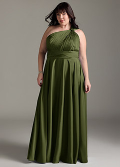 Azazie Charlize Robes de demoiselle d'honneur Robe Trapèze en Satin extensible Asymétrique Olive image5
