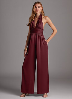 Azazie Oli Brautjungfernkleider Plissee Stretch-Satin Overall/Jumpsuit Cabernetrot image4
