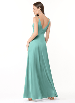 Azazie Dalilah Final Sale Dusty Blue A-Line V-Neck Pleated Stretch Satin Dress image2