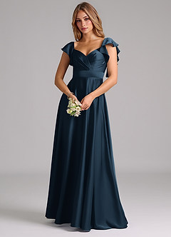 Azazie Leilani Vestidos de damas de honor Vestido Azul Marino Oscuro de Satén Elástico de Línea A con Drapeado image7