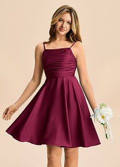 Azazie Miko Junior A-Linie Plissee Stretch-Satin Kleid Burgunderrot image1