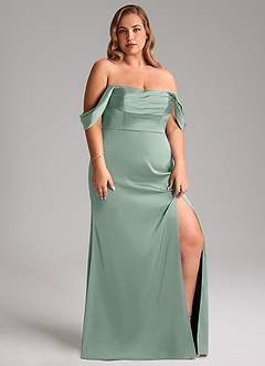 Azazie Saige Bridesmaid Dresses Agave Sheath Off the Shoulder Stretch Satin Dress image13