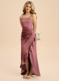 Azazie Buzzy Junior Vestido Ametista de Cetim elástico de Bainha com Plissado image1