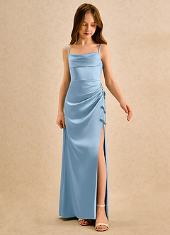 Azazie Bundt Girls Formal Flower Girl Dresses Powder Blue A-Line Pleated Stretch Satin Dress image3