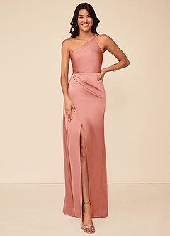 Azazie Maron Bridesmaid Dresses Coral A-Line One Shoulder Stretch Satin Dress image1