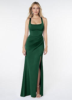 Azazie Mero Vestidos de damas de honor Vestido de Verde Oscuro de Satén Elástico de Corte Recto con Plisado image1
