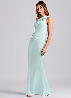 Azazie Akilah Bridesmaid Dresses Sea Glass Mermaid One Shoulder Stretch Satin Dress image5
