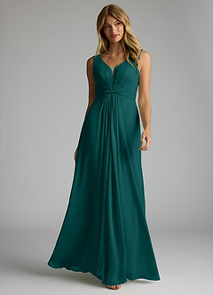 Azazie Gina Brautjungfernkleider A-Linie V-Hals Gefaltet Chiffon Kleid Pfau image1