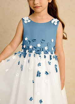 Azazie Eleni Flower Girl Dresses Ivory Steel Blue Ball-Gown Bow Tulle Dress image7