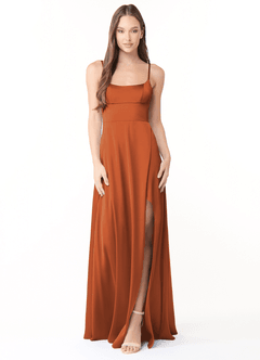 Azazie Halsey Bridesmaid Dresses Cinnamon Sheath Side Slit Stretch Satin Dress image1