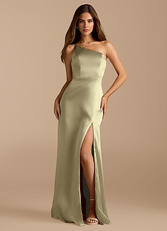Azazie Trina At-home Try On Dresses Auburn A-Line One Shoulder Metallic Satin Dress image3