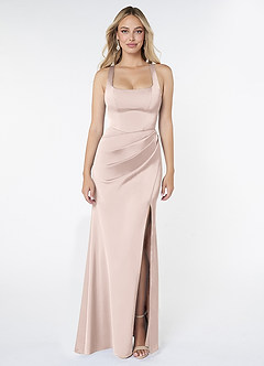 Azazie Mero Vestidos de damas de honor Vestido de Rosa Rubor de Satén Elástico de Corte Recto con Plisado image4