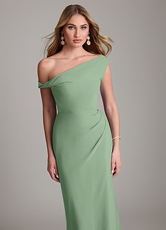 Azazie Emerson Bridesmaid Dresses Matcha Sheath Off the Shoulder Chiffon Dress image2