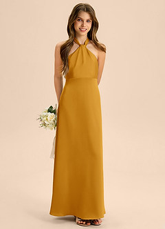 Azazie Beah Junior Robe Trapèze en Satin extensible Plissée Caramel écossais image4