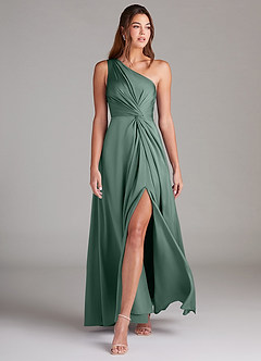 Azazie Brooke Brautjungfernkleider A-Linie One-Shoulder Stretch-Satin Kleid Eukalyptus image3