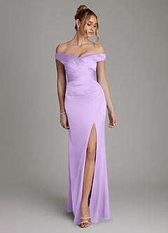 Azazie Teyana Bridesmaid Dresses Lilac Sheath Off the Shoulder Stretch Satin Dress image1