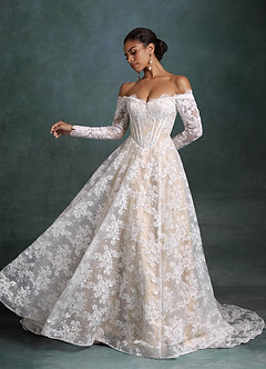 Azazie Skylar Robes de mariée Robe Trapèze en Dentelle Décolleté en cœur Diamant Blanc Champagne image1