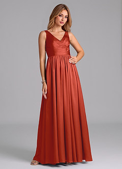 Azazie Keyla Bridesmaid Dresses Rust A-Line Pleated Stretch Satin Dress image6