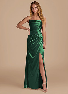 Azazie Marzia Bridesmaid Dresses Dark Green Mermaid Pleated Metallic Satin Dress image1