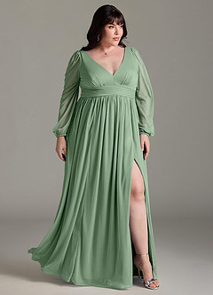 Azazie Norah Robes de demoiselle d'honneur Robe Trapèze en Mousseline de soie Col en V, manches longues Matcha image9