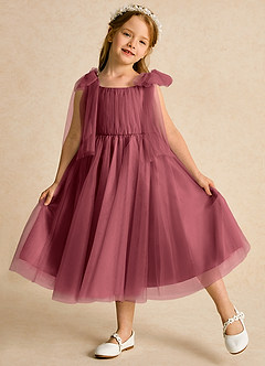 Azazie Dori Blumenmädchenkleider A-Linie Gestreift Tüll Kleid Merlot image4
