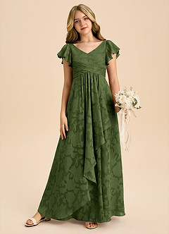 Azazie Omari Junior Olive A-Line Pleated Floral Burnout Dress image4